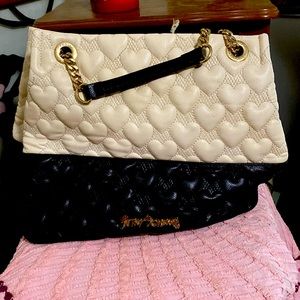 Betsey, Johnson, beige, and black satchel with gold hardware
